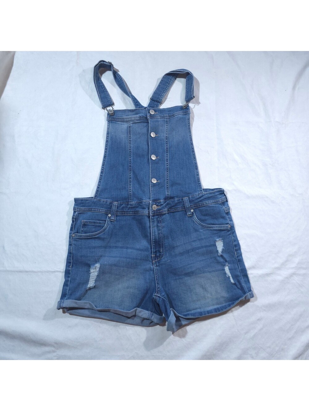 Celebrity Pink Women's Blue Denim Short Overalls with Distressed Detail